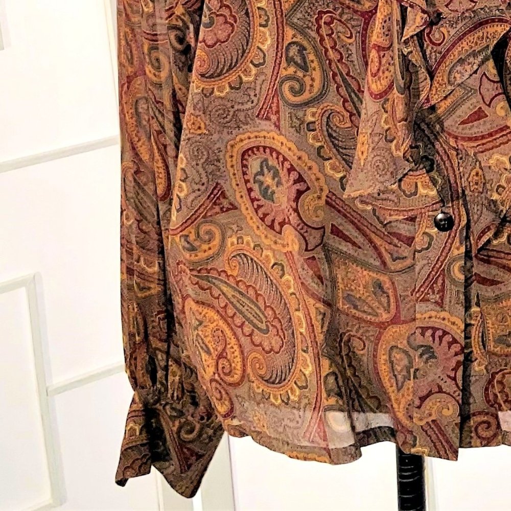Ellen Tracy Sheer Silk Paisley Button Front Ruffle - Picture 7 of 10